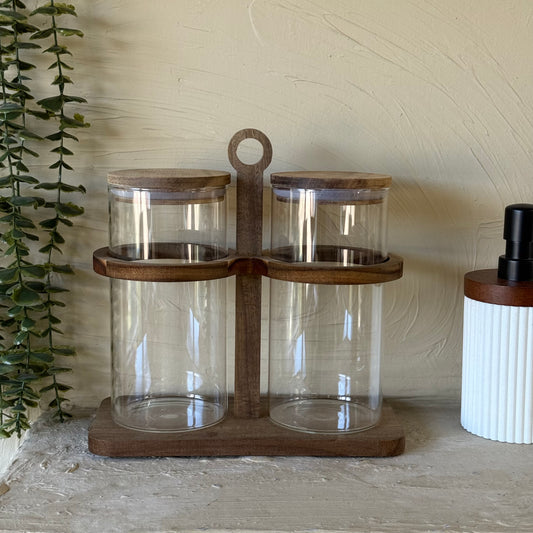 Buenally Akasya Ağacı Standlı İkili Silindir Çay Kahve Kavanoz Seti 950 ml KOD:053