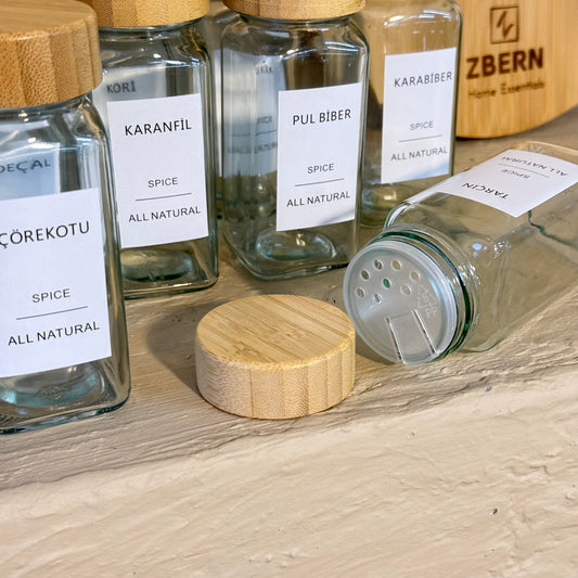 Utku Kare Bambu Kapaklı Baharatlık Seti 12 Adet Cam 120 ml