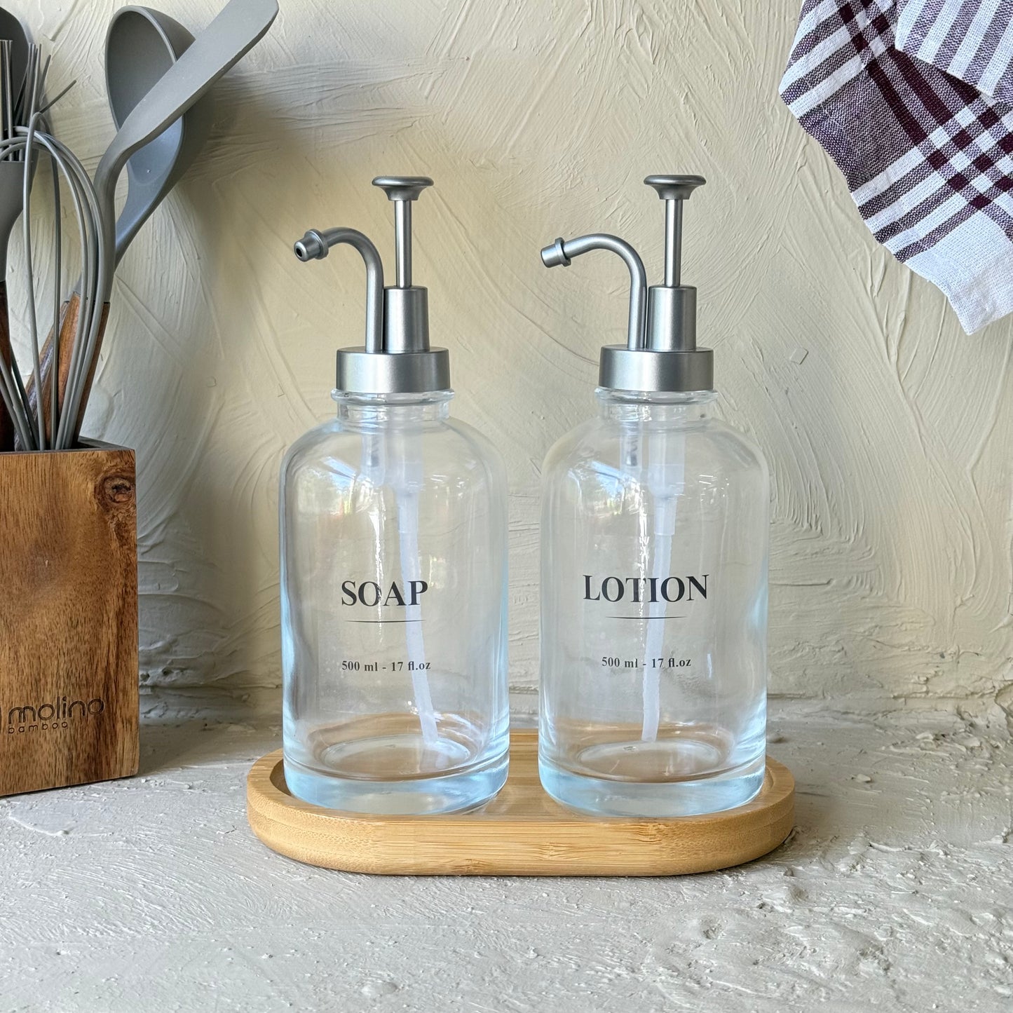 Arow Angel Model Yuvarlak Bambu Oval Standlı İkili Sıvı Sabunluk Seti Gri KOD:1016