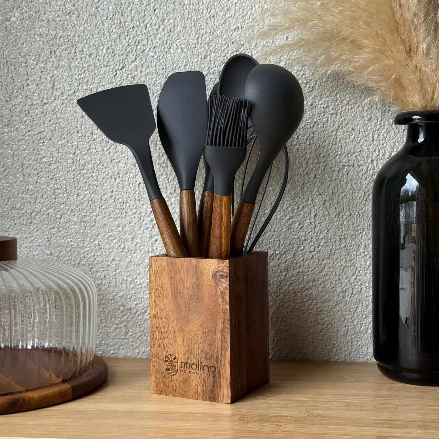 Molino Akasya Ağacı Standlı Silikon Mutfak Seti 8 Parça Gri