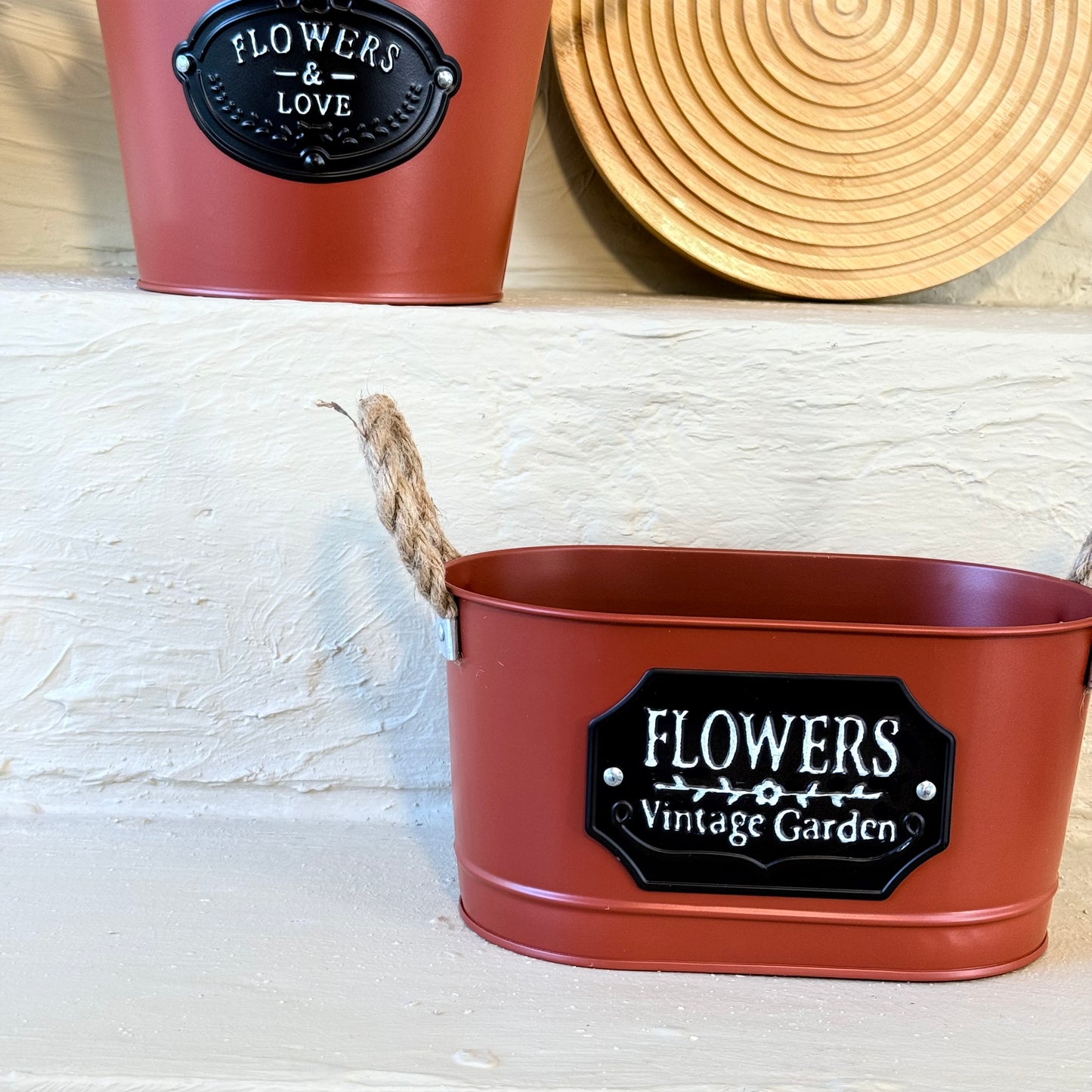 Tutku Halat Kulplu Metal İki Boy Vintage Saksı Bordo KOD:3455-54