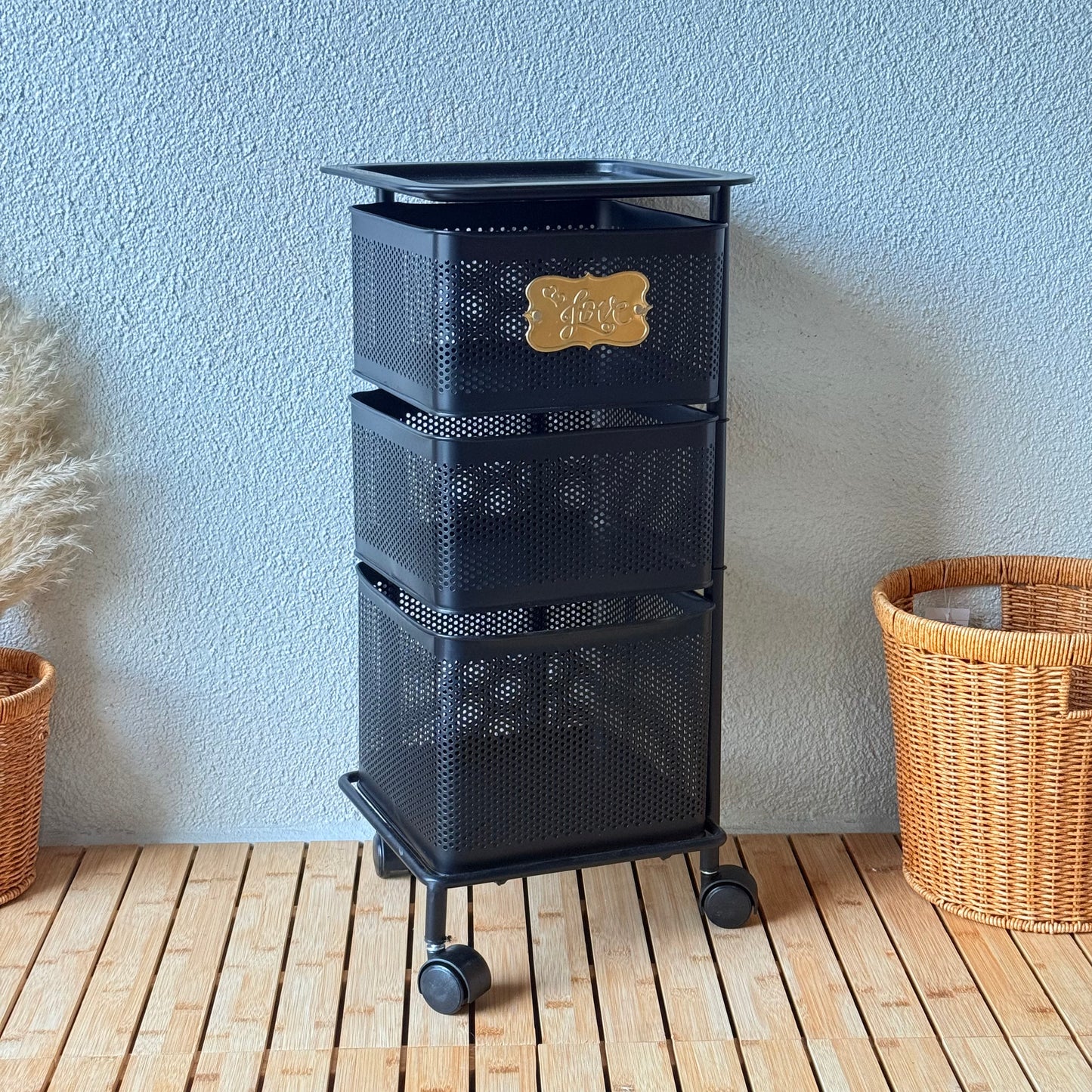 Evanev 3 Katlı Açılır Kapanır Tekerlikli Kare Ferforje Sebzelik Siyah KOD:1058K