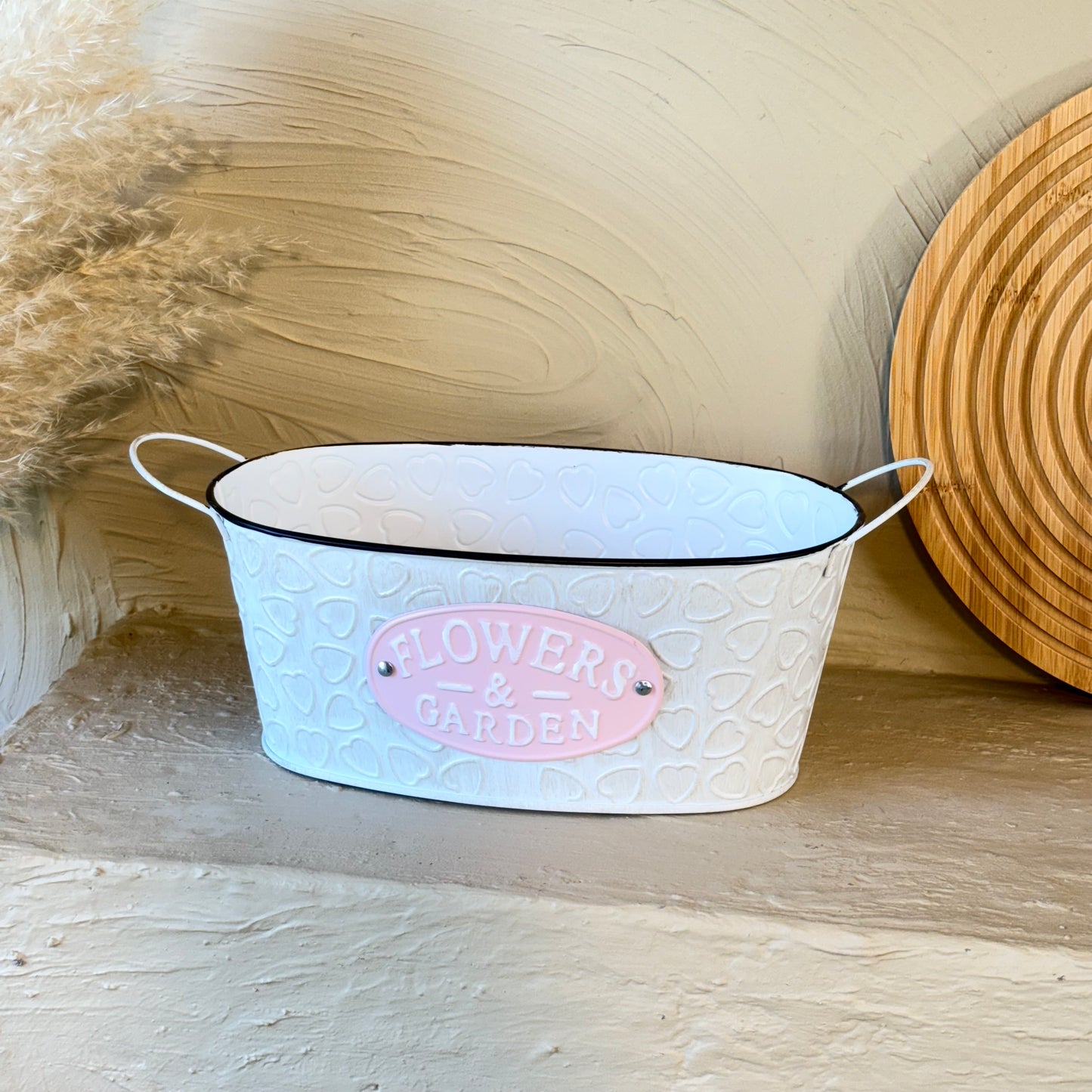 Tutku Vintage Oval Metal Kulplu Saksı Beyaz KOD:3458