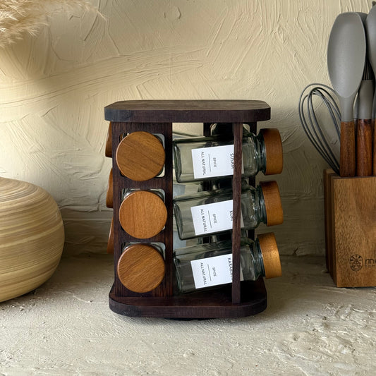 Aden Akasya Ağacı Standlı 12 li Akasya Kapaklı Kare Baharatlık Seti 120 ml Stiker Hediyeli KOD:10267