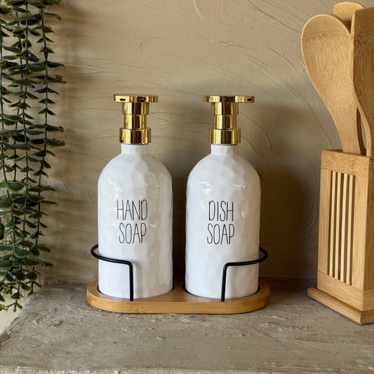 Buenally Sıvı Sabunluk Bambu Standlı 3 Parça Seti Beyaz KOD:2405