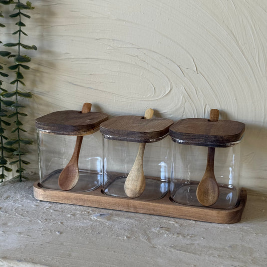 Buenally Akasya Standlı Kaşıklı 3 Lü Kare Baharatlık Seti 350 ml KOD:072