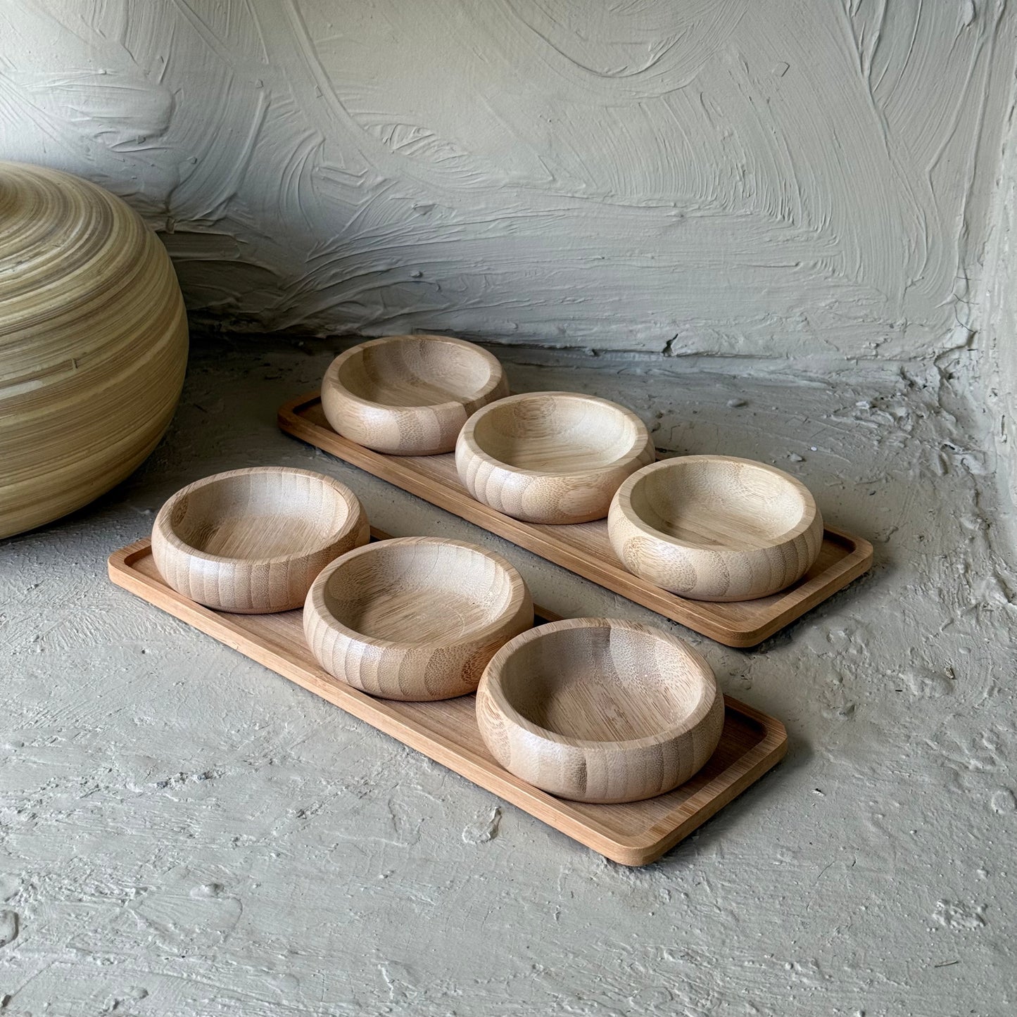 1 ALANA 1 BEDAVA Miev Bambu Standlı 3'Lü Yuvarlak Çerezlik Sosluk Seti KOD:399