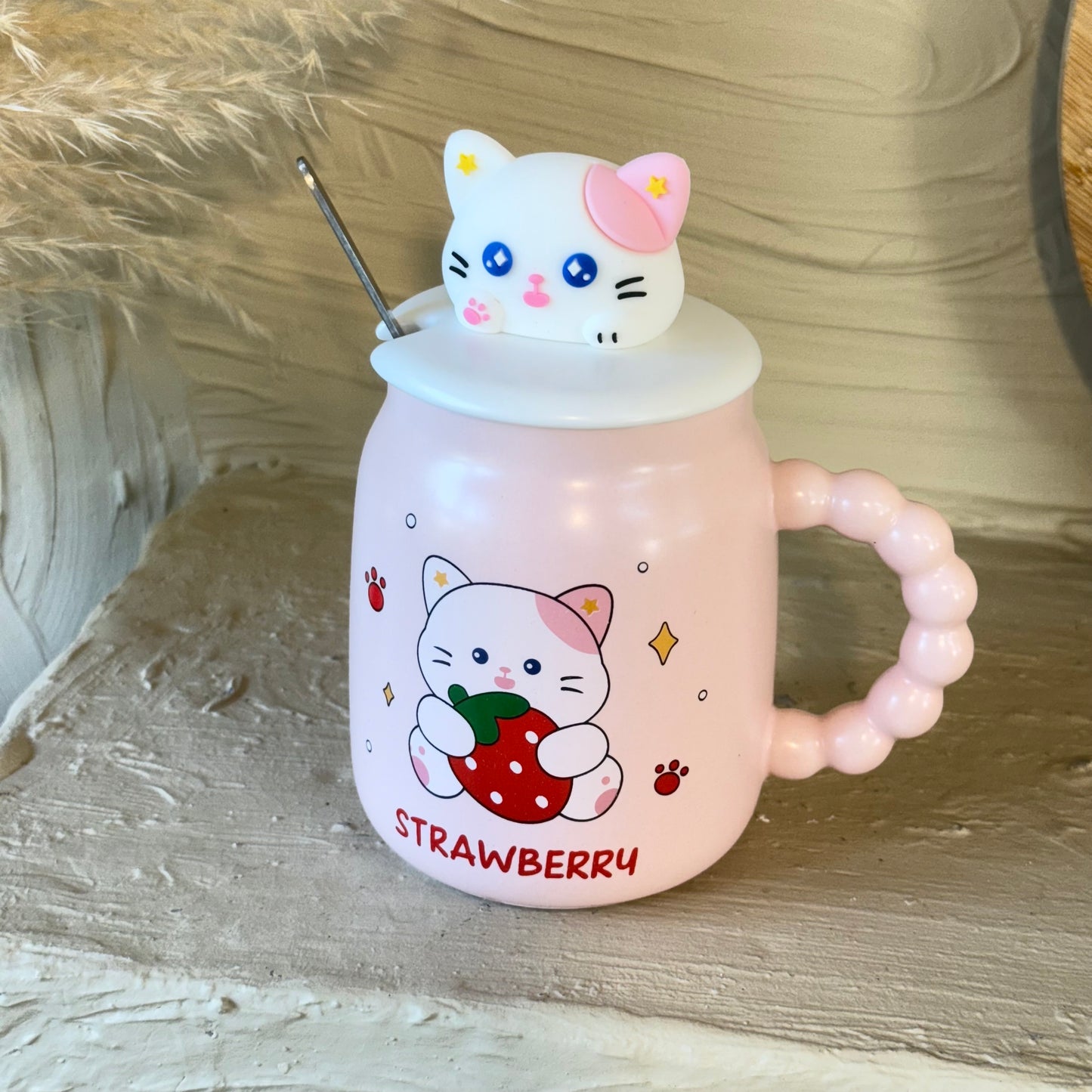 Tutku Strawberry Kapaklı Porselen Kupa Pembe