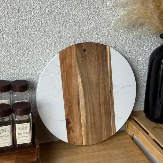 Rocc Saf Mermer-Akasya Yuvarlak Sunumluk Beyaz Büyük Boy