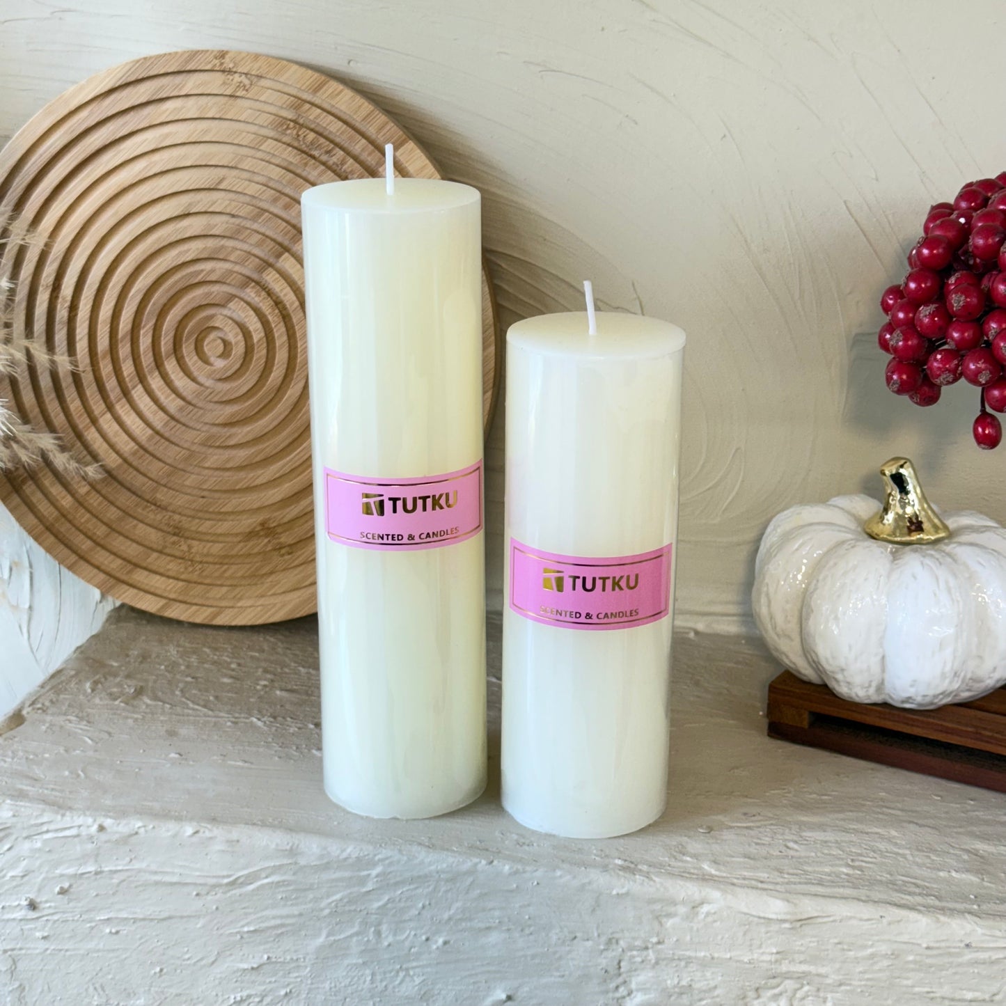 Tutku İki Boy Silindir Mum Seti Krem