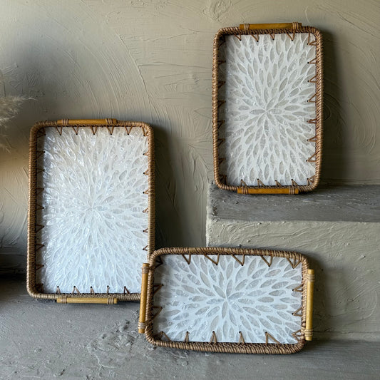 Porelly Sedef-Bambu Dikdörtgen 3 Boy Tepsi Seti Krem KOD:093