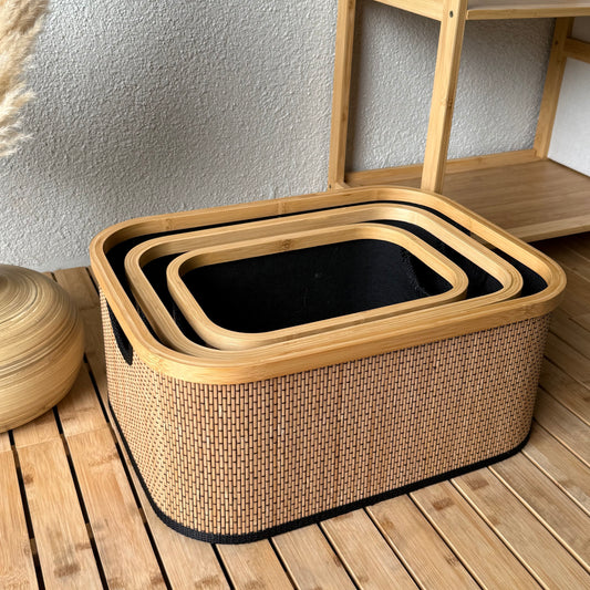 Tutku Bambu Detaylı Sepet Seti Siyah 3 Boy