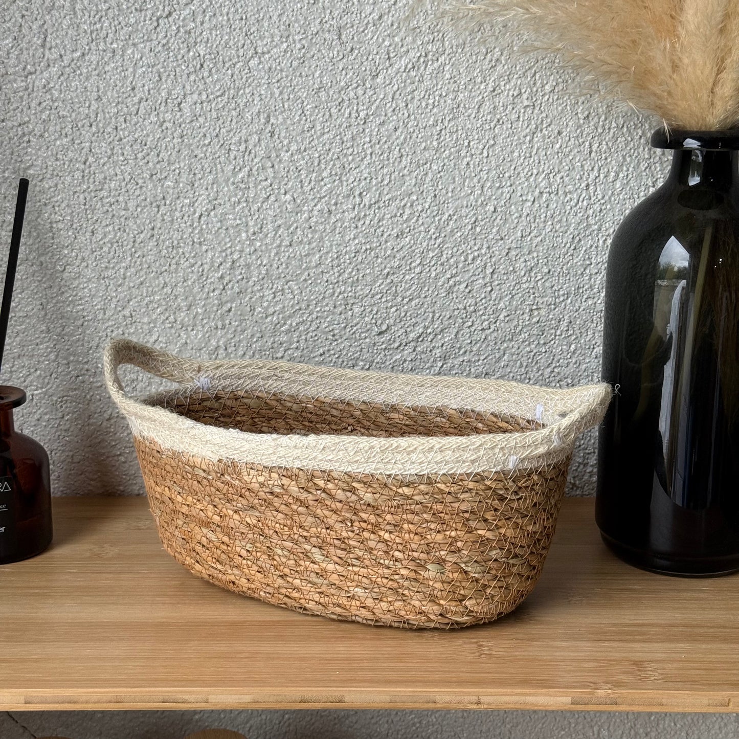 Svr Kulplu Oval İnçe Hasır Sepet Krem 29x16x11 cm