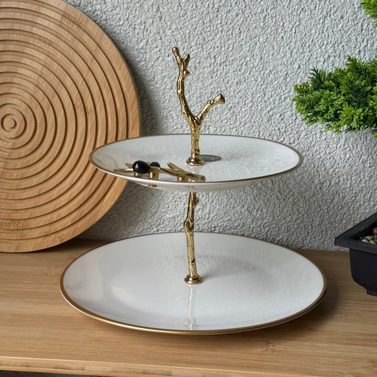 Oliva Siyah-Gold İki Katlı Porselen Sunumluk 19 cm, 25 cm Kod:3101