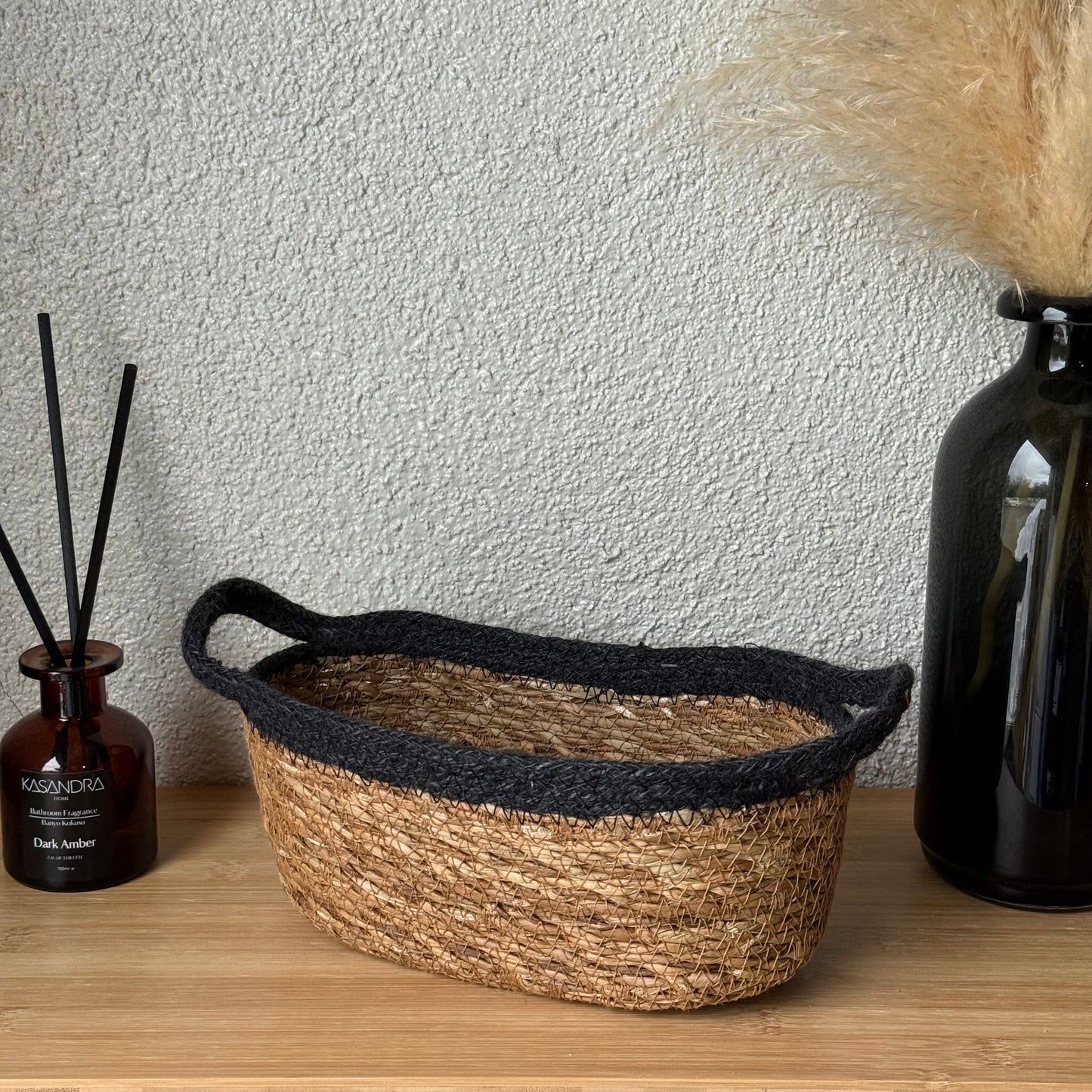 Svr Kulplu Oval İnçe Hasır Sepet Siyah 29x16x11 cm