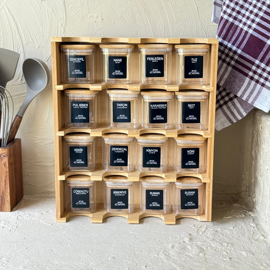 ZBERN 16'lı Bambu Kapaklı Kare Borosilikat Cam Baharatlık Seti Standlı Beyaz-Siyah Stiker Hediyeli 34x29x11,5 cm