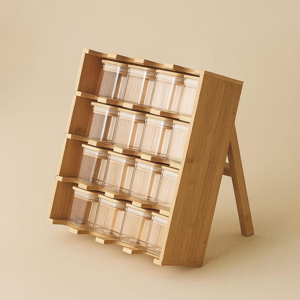 ZBERN 16 Bambu Kapaklı Kare Borosilikat Cam Baharatlık Seti Standlı 34x29x11,5 cm