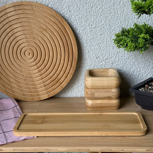 Miev Bambu Standlı 3Lü Kare Çerezlik Sosluk Seti KOD.398