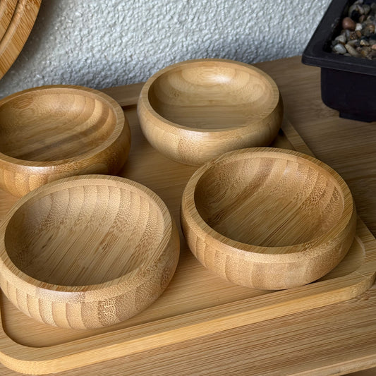 Miev Bambu Standlı 4 Lü Yuvarlak Çerezlik Sosluk Seti KOD.402