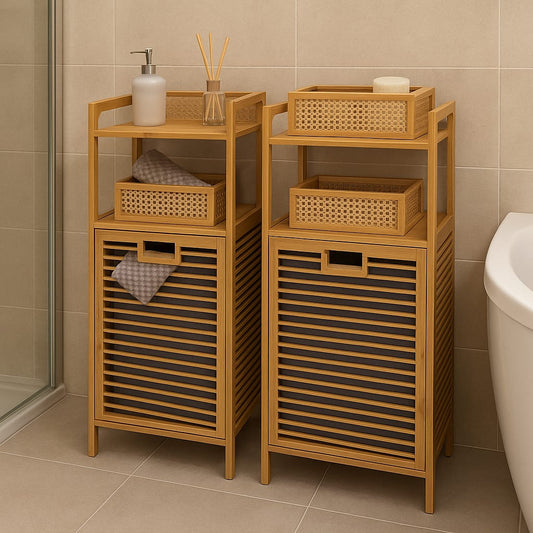 2 Adet Eva  Medusa Bambu Kirli Çamaşır Sepeti 2 Katlı Raf Banyo Dolabı 95x40x30 cm