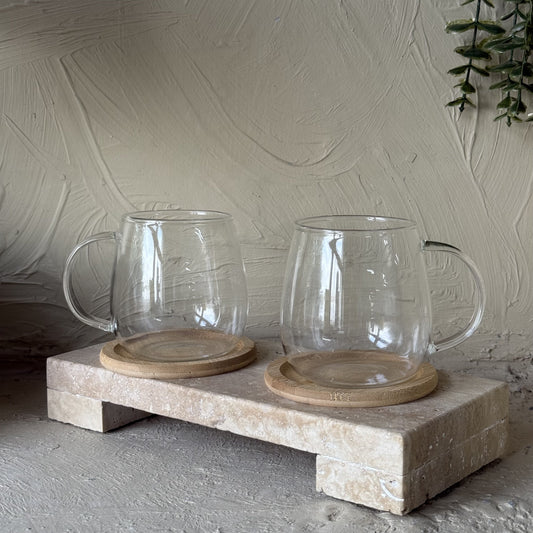 Tutku Bambu Standlı Borosilikat Cam İkili Kupa Seti KOD:086