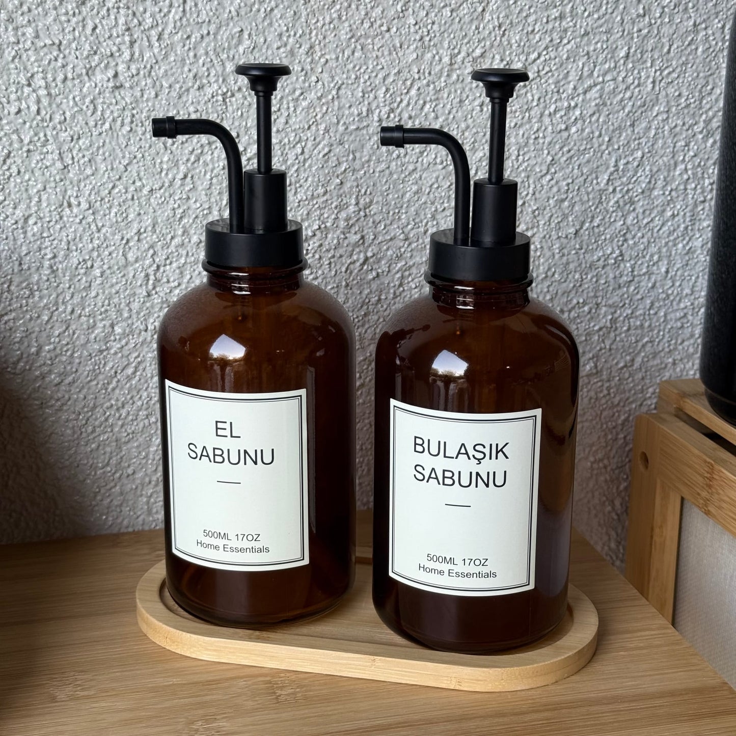 Selena Bambu Standlı İkili Cam Yuvarlak Sıvı Sabunluk Seti Amber 500 ml