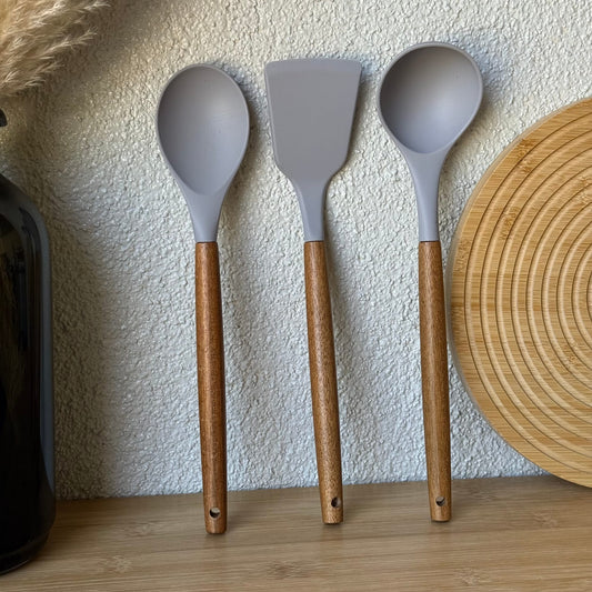 Leon Akasya Ağacı Tutmalı Silikon Kepçe Seti 3 Parça Açık Gri