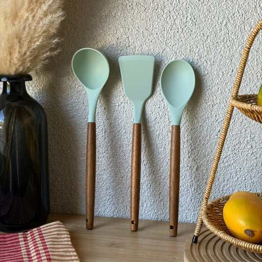 Leon Akasya Ağacı Tutmalı Silikon Kepçe Seti 3 Parça Yeşil