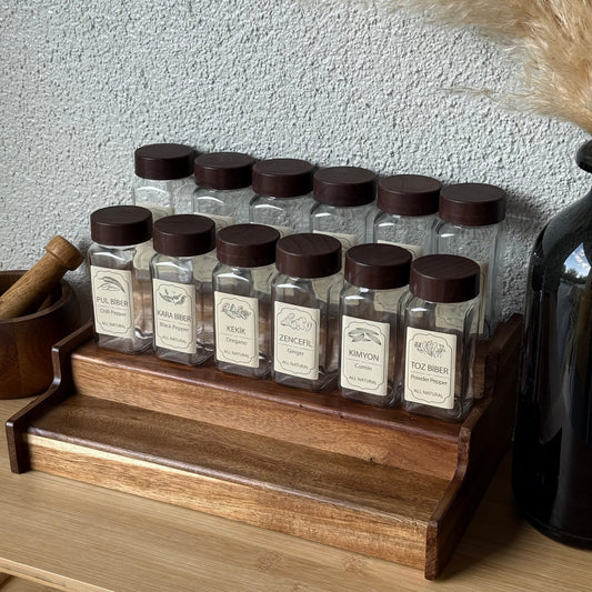 Mollen Vintage Açılır Kapanır Standlı 12'Li Cam Baharatlık Set