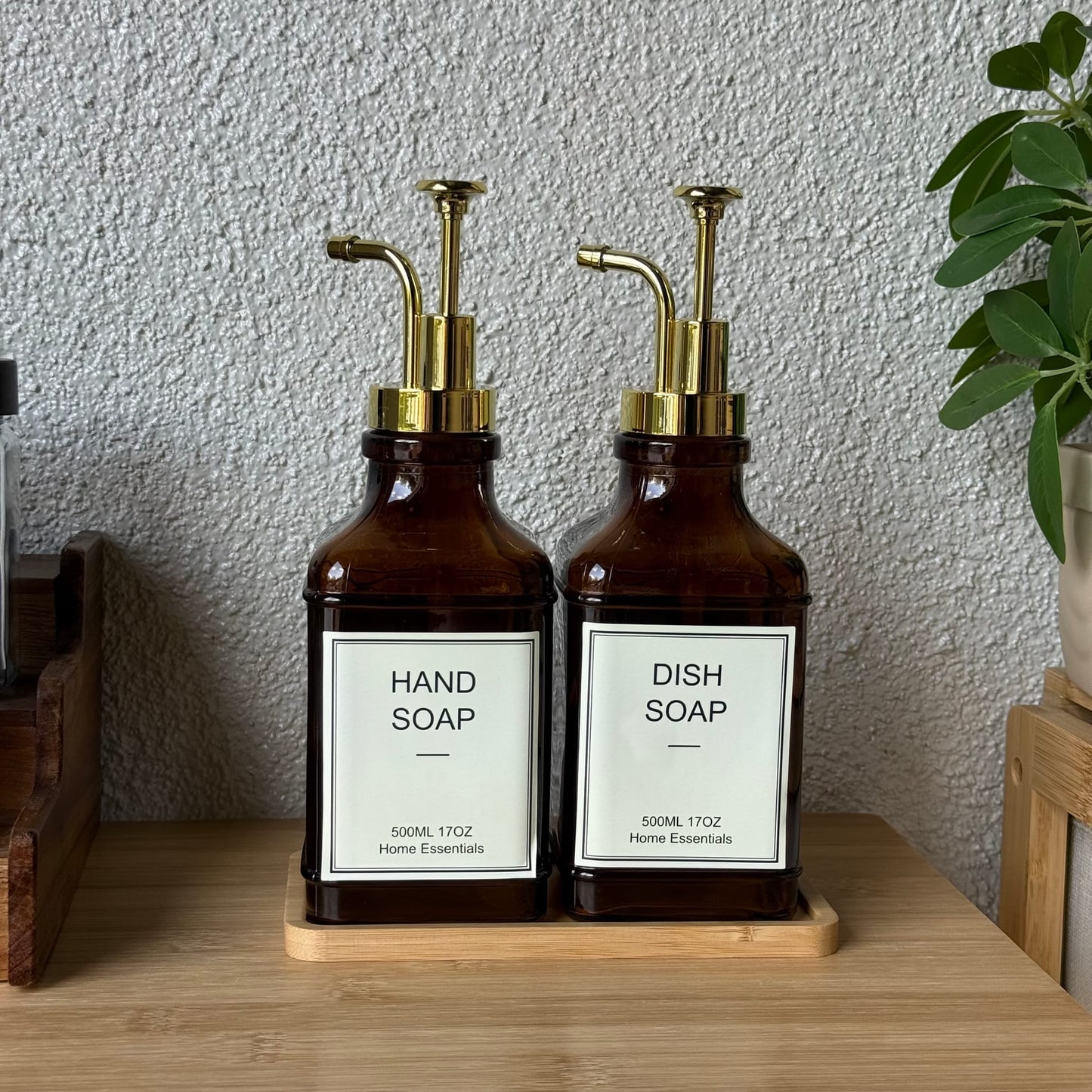 Lucia Bambu Standlı İkili Cam Kare Sıvı Sabunluk Seti Amber 500 ml