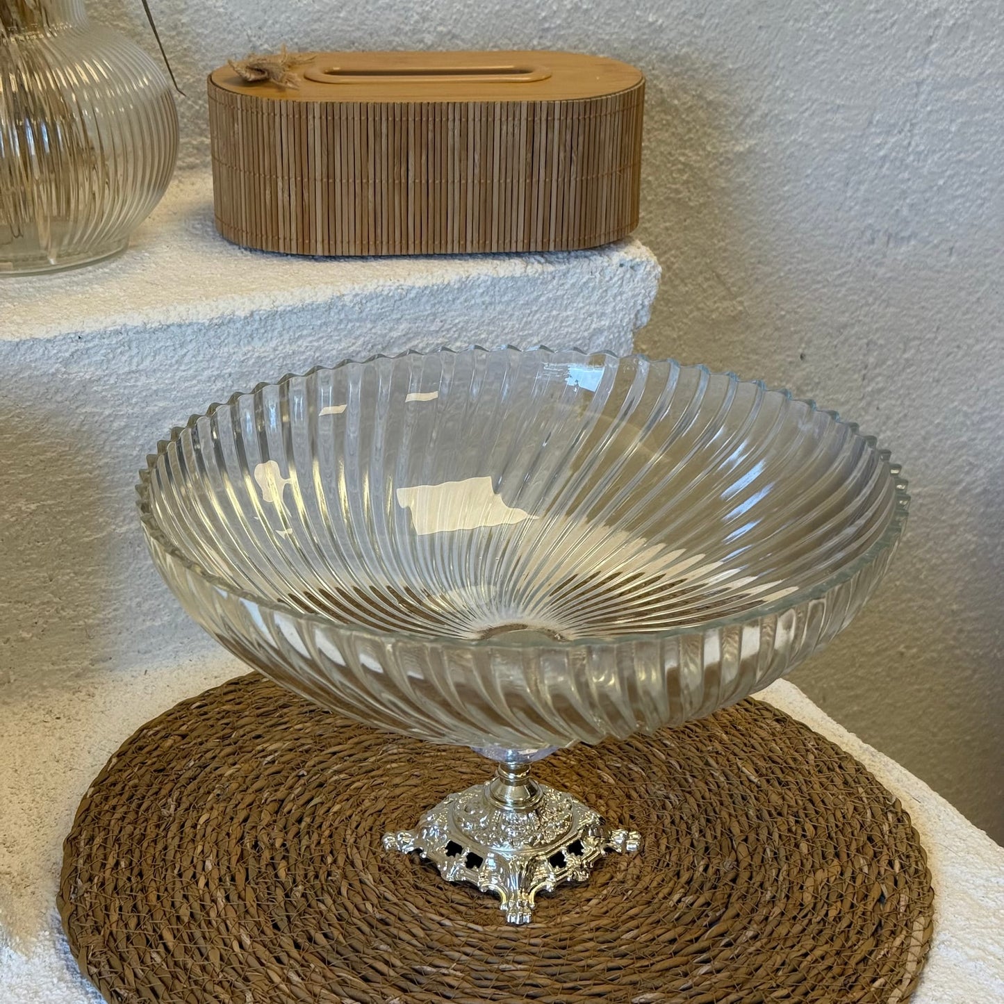 Efegil Lüks Cam Kase Meyvelik Gümüş Ayaklı 29x29x16 cm (2607)