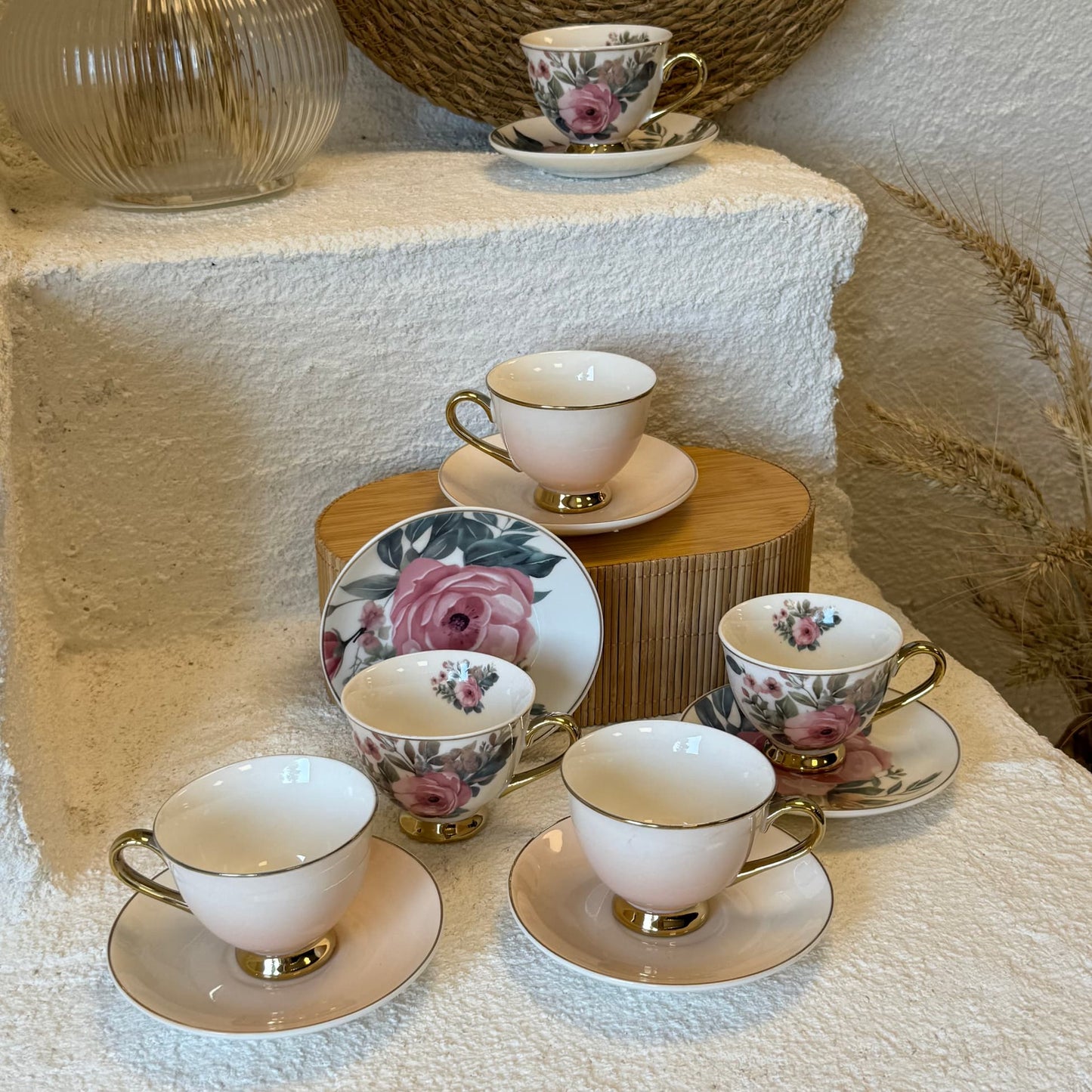 Birdy Çiçekli Porselen Kahve Fincan Takımı 6 Kişilik Pembe