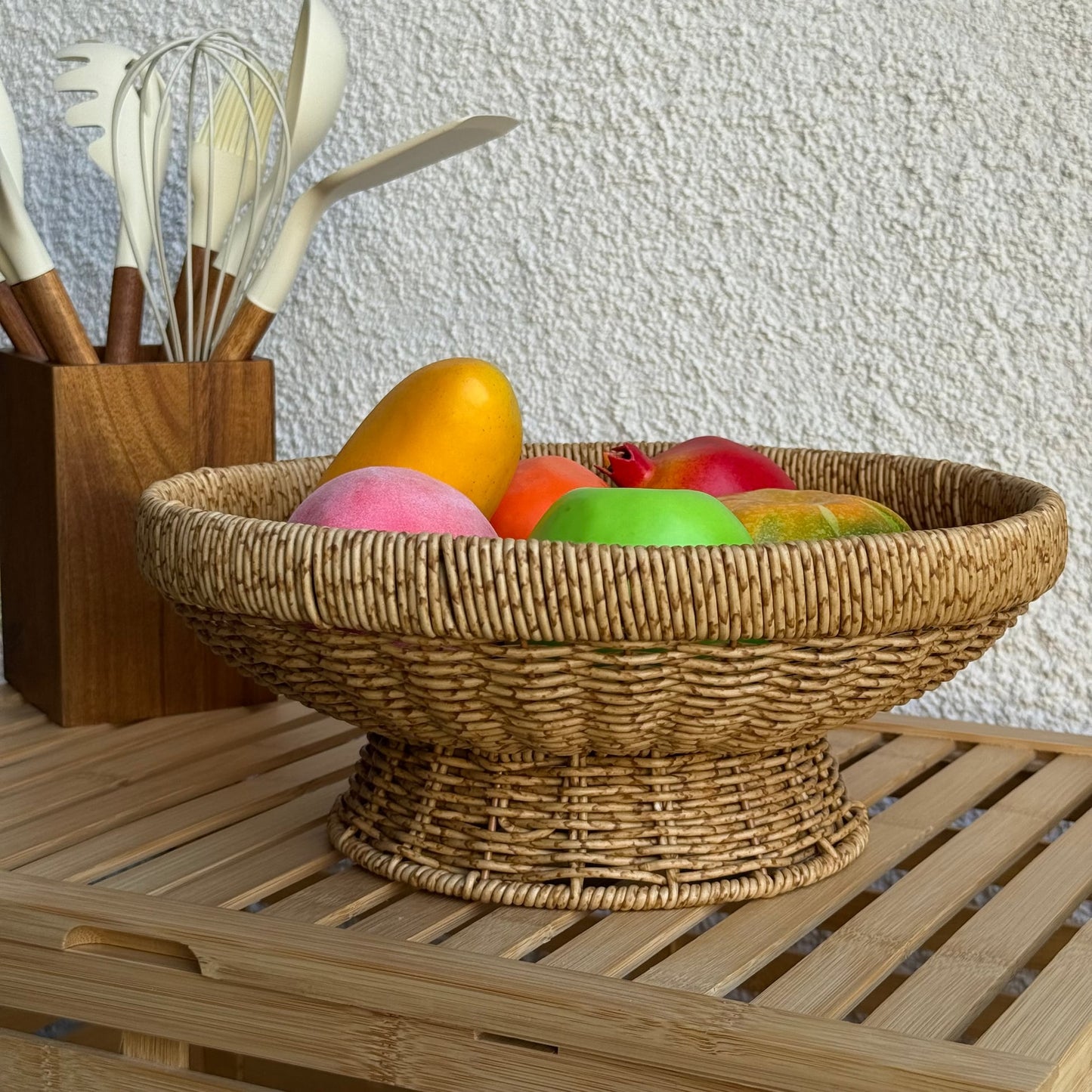 Lara Rattan Ayaklı Yuvarlak Büyük Boy Meyvelik 31 CM Naturel