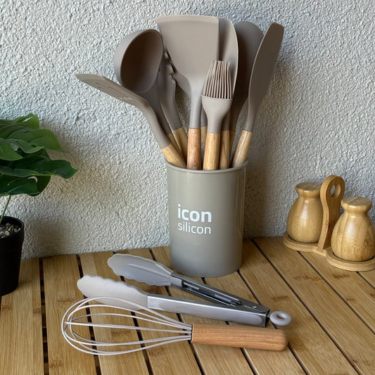 İcon Standlı Bambu Saplı Silikon 12 Parça Mutfak Seti Bej