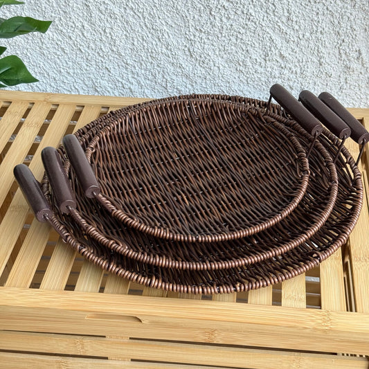 Rios Rattan Kulplu 3 Boy Yuvarlak Tepsi Seti Kahve Rengi