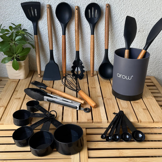 Maylis Akasya Ağacı Saplı 22 Parça Silikon Mutfak Seti Siyah (SÜPER FİYAT)