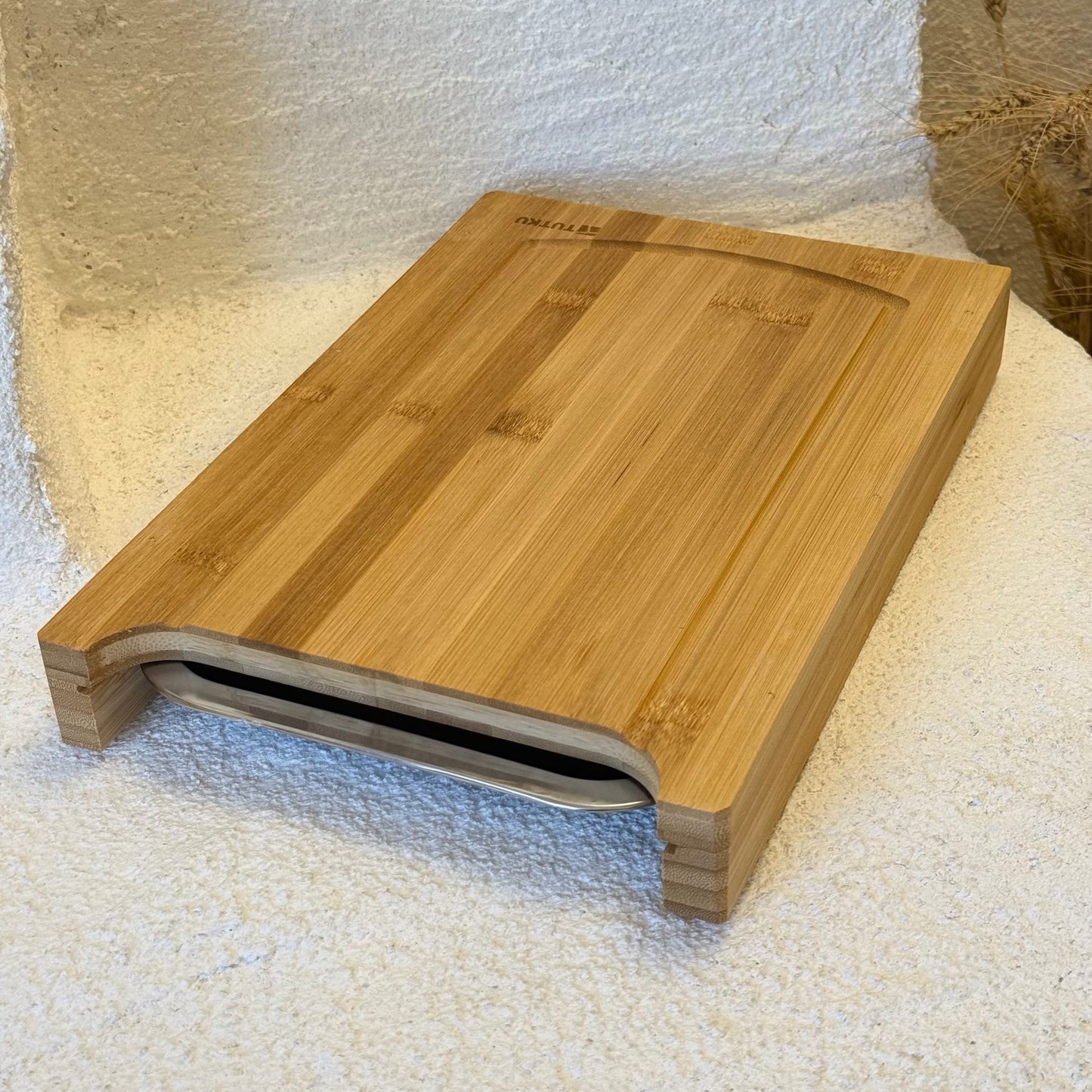 Bambu Kesim Tahtası Çelik Tepsi Hazneli 33x21 cm Premium Ürün