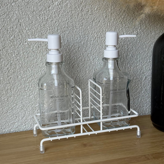 Okyanus Metal Standlı Cam Kare Sıvı Sabunluk Seti Beyaz