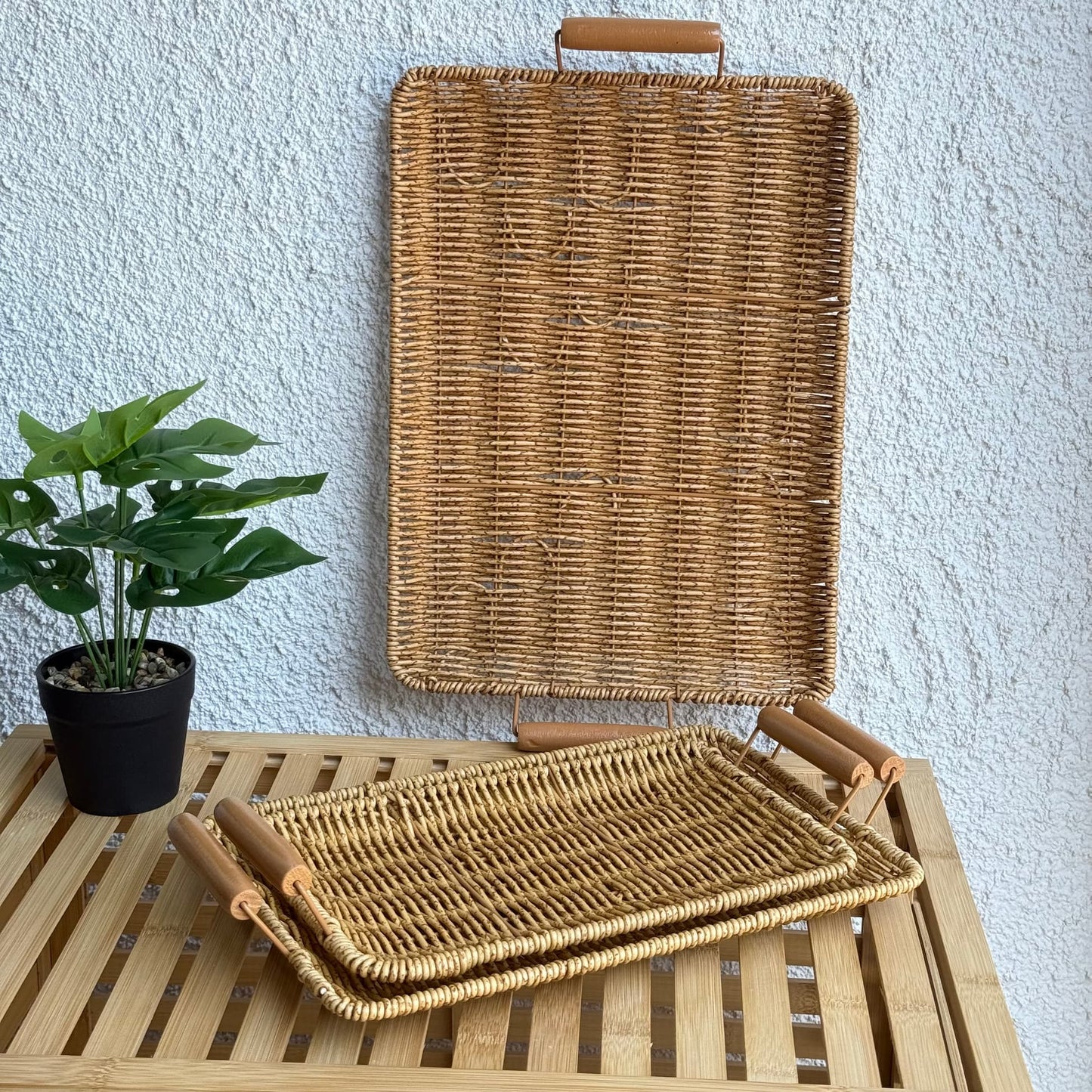 Rattan 3 Boy Ahşap Kulllu Dikdörtgen Tepsi Meyvelik Seti Naturel