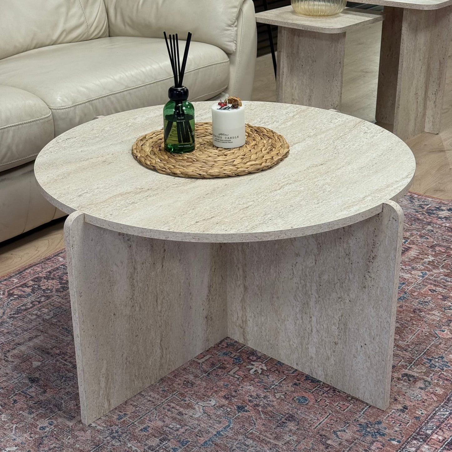 Boho Pinterest, Traverten Desen, Büyük Boy, Yuvarlak Orta Sehpa 83x83x48 cm (Lansman Fiyatı)