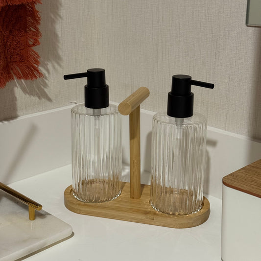 Coco Bambu Standlı Cam İkili Sıvı Sabunluk Seti Kod:10990