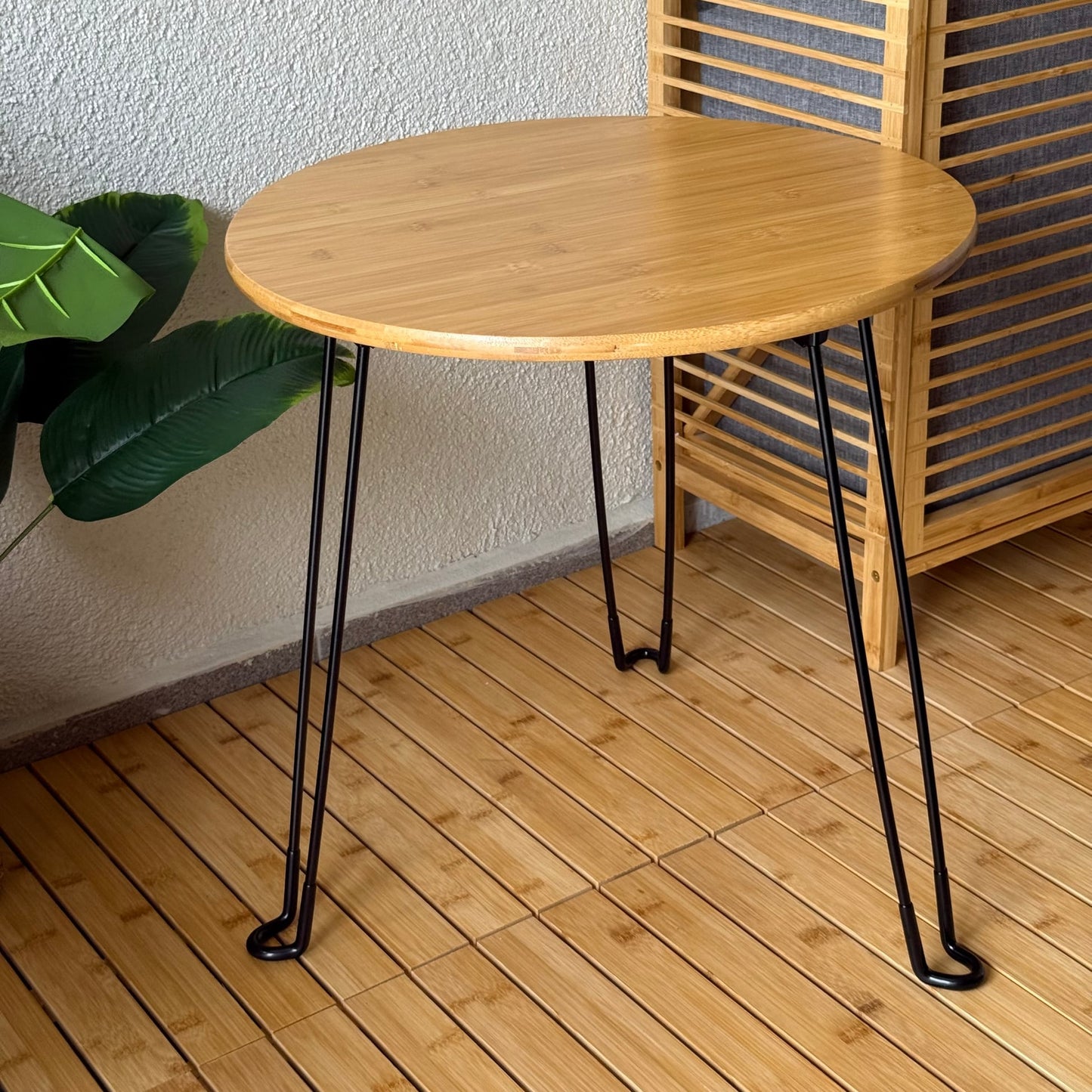 Morena Yuvarlak Metal Ayaklı Katlanır Bambu Sehpa 45x45x46 CM