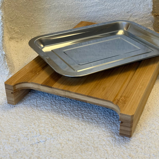 Bambu Kesim Tahtası Çelik Tepsi Hazneli 33x21 cm Premium Ürün