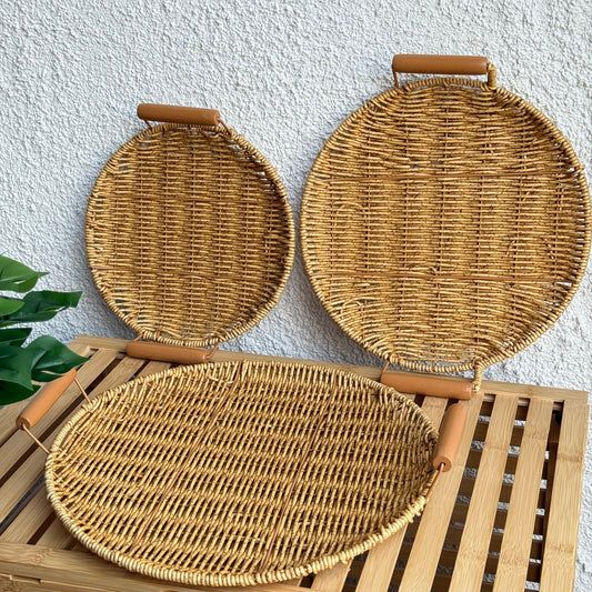 Rios Rattan Kulplu 3 Boy Yuvarlak Tepsi Seti Naturel