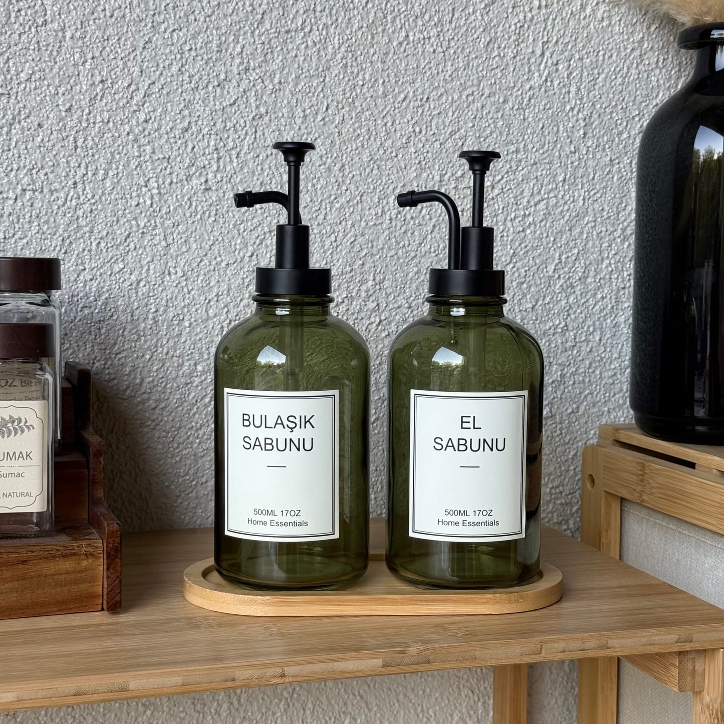 Selena Bambu Standlı İkili Cam Yuvarlak Sıvı Sabunluk Seti Yeşil 500 ml