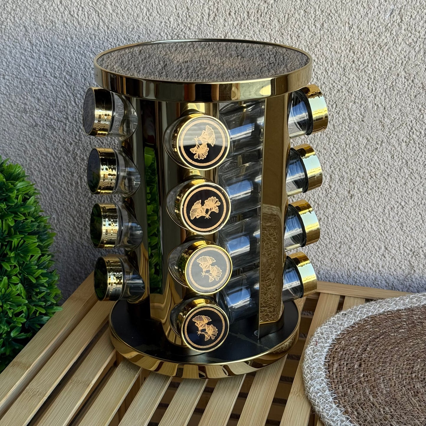Dönen Standlı 16 Adet Cam Bahartalık Seti Siyah-Gold Detaylı (KOD: 4792)
