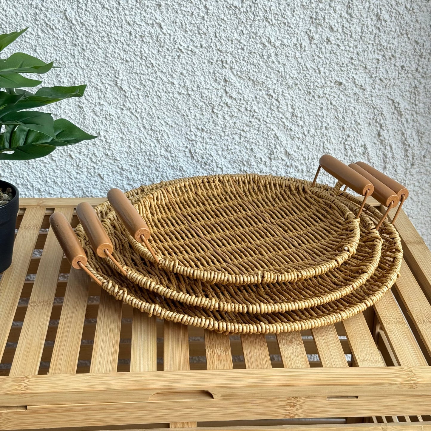 Rios Rattan Kulplu 3 Boy Yuvarlak Tepsi Seti Naturel