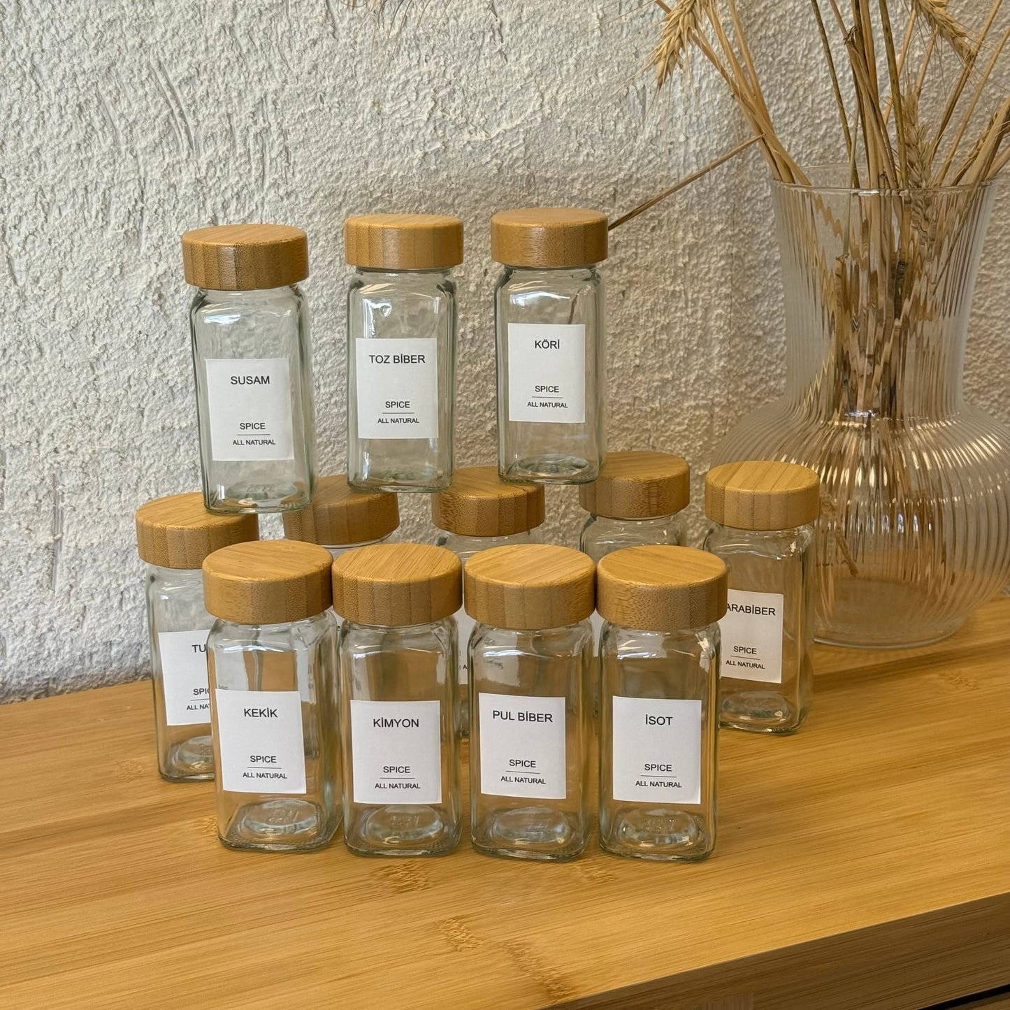 Mien 12 Adet Kare Bambu Kapaklı Cam Baharatlık Seti 120 ml (KOD-008)
