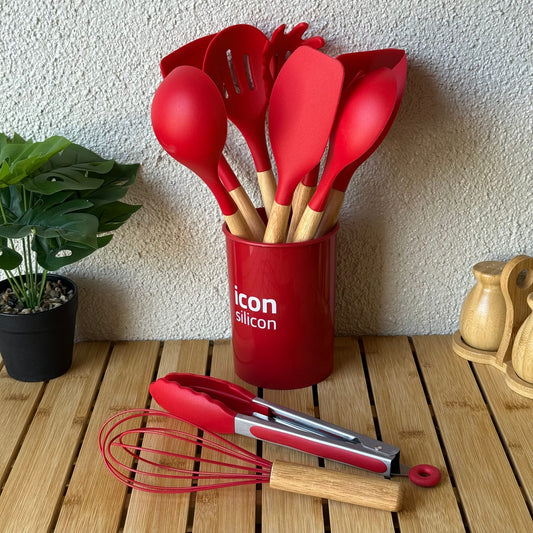 İcon Standlı Bambu Saplı Silikon 12 Parça Mutfak Seti Kırmızı
