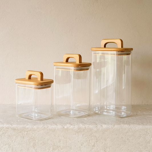 Buenos Dikdörtgen Model Akasya Ağacı Kapaklı 3 Boy Erzak Kavanoz Seti